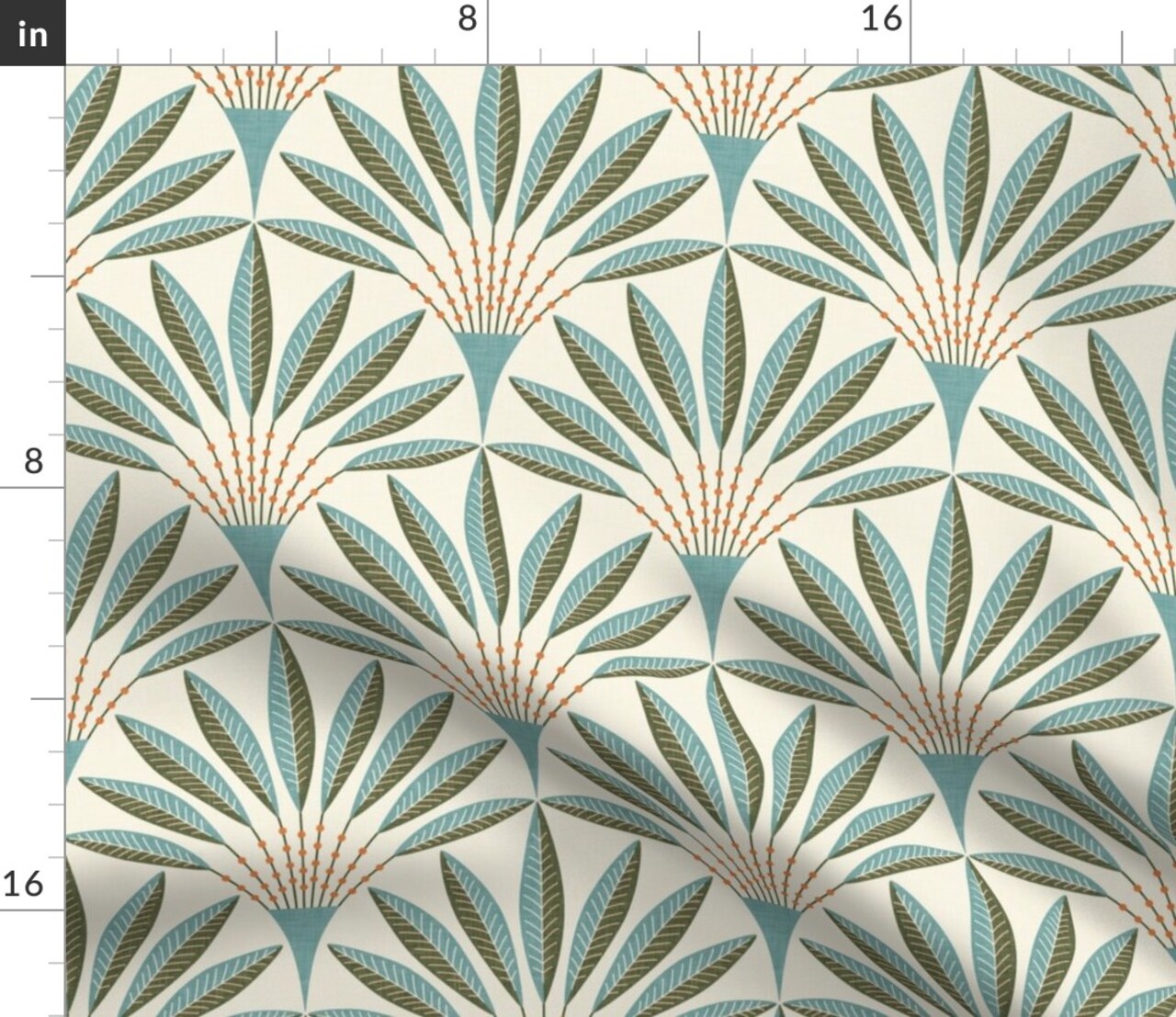 Modern Geometric Teal Green Orange Bold Linen Texture Retro Scallop Fans Custom Printed Fabric by Spoonflower Various Fabrics by the Yard or Fat Quarter